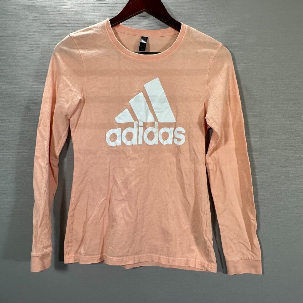 Adidas Top Womens XS Tee Shirt Long Sleeve Orange Cotton White Logo Pullover